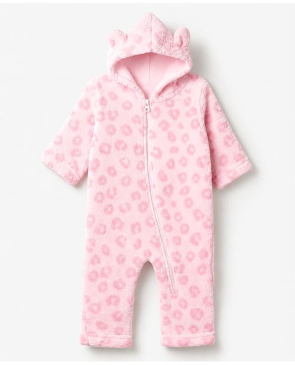 Babyhug Fur Woven Full Sleeves Winter Wear Hooded Romper With Leopard Design - Pink