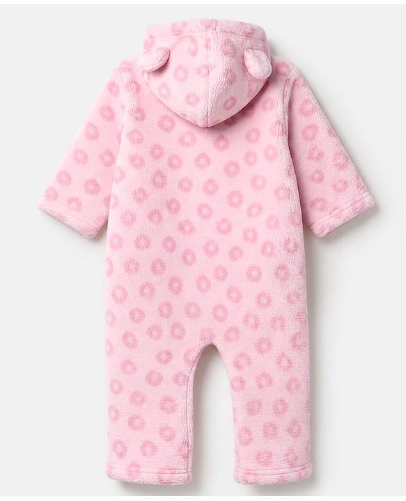 Babyhug Fur Woven Full Sleeves Winter Wear Hooded Romper With Leopard Design - Pink