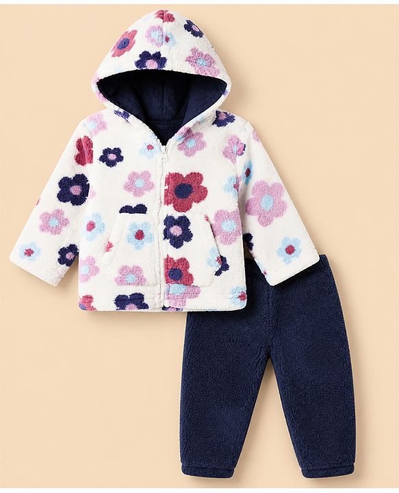 Babyhug Fur Woven Full Sleeves Hooded Winter Wear Suit With Floral Print - White