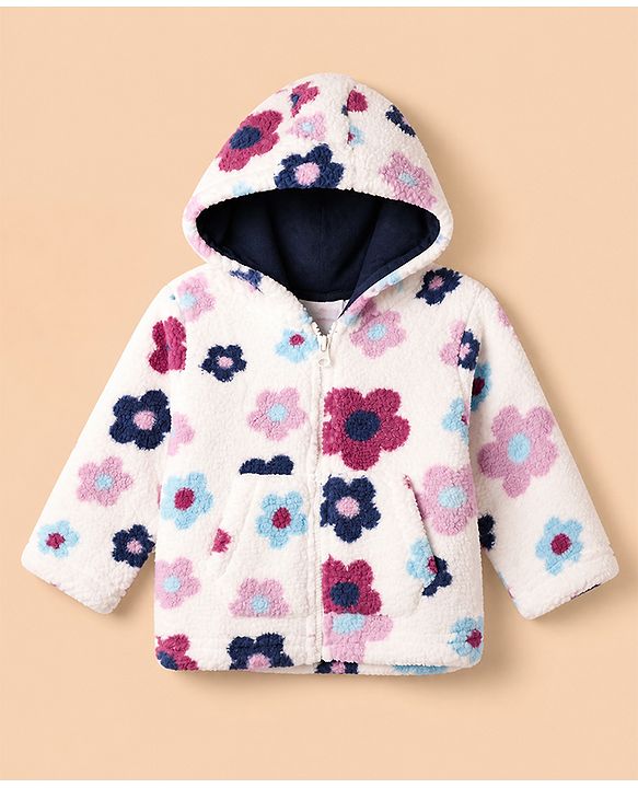 Babyhug Fur Woven Full Sleeves Hooded Winter Wear Suit With Floral Print - White