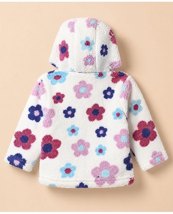Babyhug Fur Woven Full Sleeves Hooded Winter Wear Suit With Floral Print - White