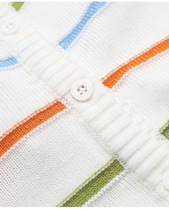 Babyhug Knit Front Open Sweater with Full Sleeves and Stripes Design in White for 6-9 Months
