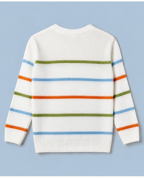 Babyhug Knit Front Open Sweater with Full Sleeves and Stripes Design in White for 6-9 Months