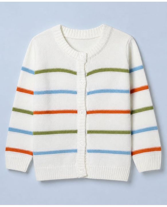 Babyhug Knit Front Open Sweater with Full Sleeves and Stripes Design in White for 6-9 Months