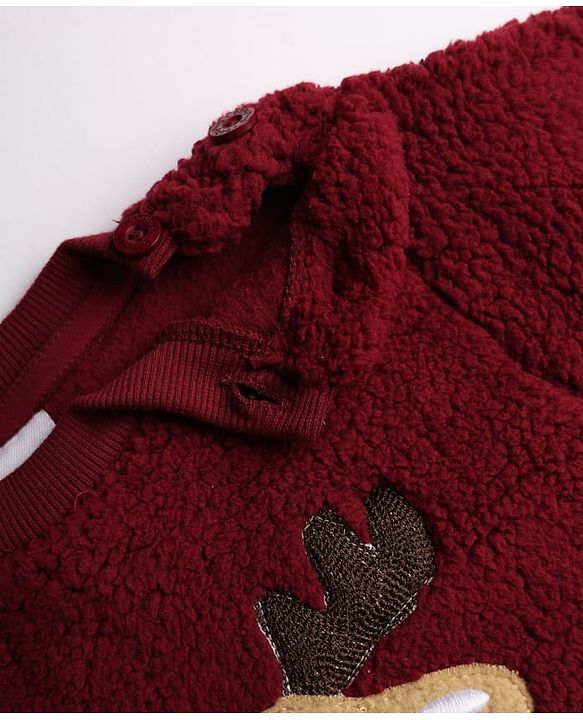 Babyhug Fur Woven Full Sleeves Winter Wear Suits With Reindeer Detailing - Maroon