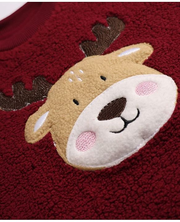 Babyhug Fur Woven Full Sleeves Winter Wear Suits With Reindeer Detailing - Maroon