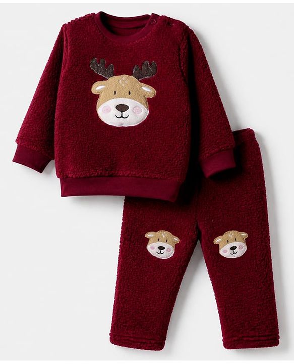 Babyhug Fur Woven Full Sleeves Winter Wear Suits With Reindeer Detailing - Maroon