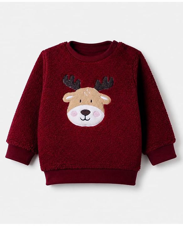 Babyhug Fur Woven Full Sleeves Winter Wear Suits With Reindeer Detailing - Maroon