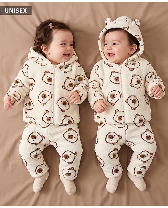Babyhug Fur Woven Full Sleeves Winter Wear Co-ords Suit Bear Design - Ivory
