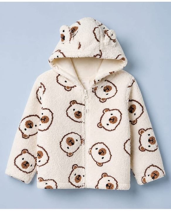 Babyhug Fur Woven Full Sleeves Winter Wear Co-ords Suit Bear Design - Ivory