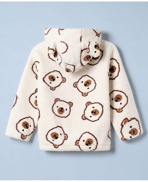 Babyhug Fur Woven Full Sleeves Winter Wear Co-ords Suit Bear Design - Ivory