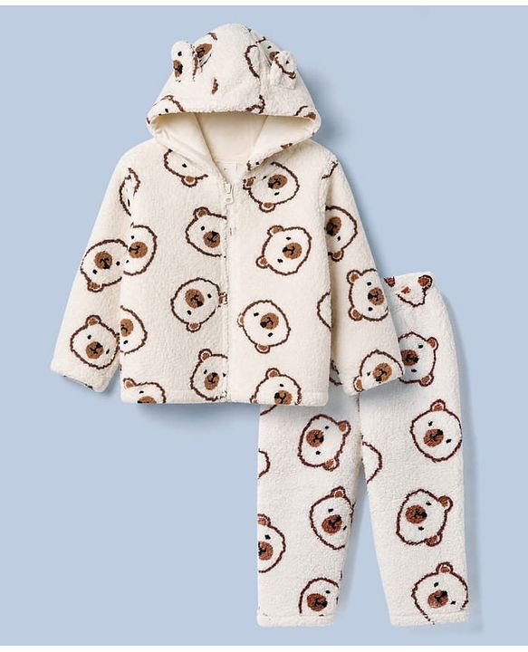 Babyhug Fur Woven Full Sleeves Winter Wear Co-ords Suit Bear Design - Ivory