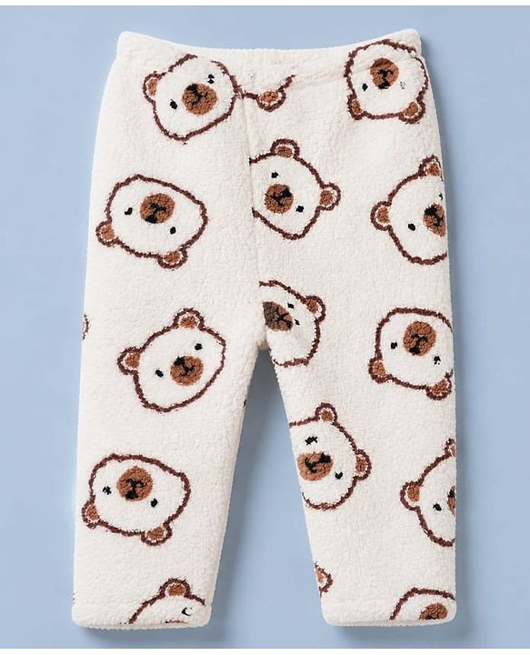 Babyhug Fur Woven Full Sleeves Winter Wear Co-ords Suit Bear Design - Ivory