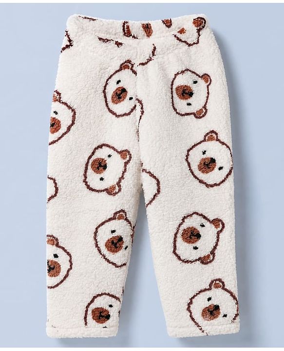 Babyhug Fur Woven Full Sleeves Winter Wear Co-ords Suit Bear Design - Ivory