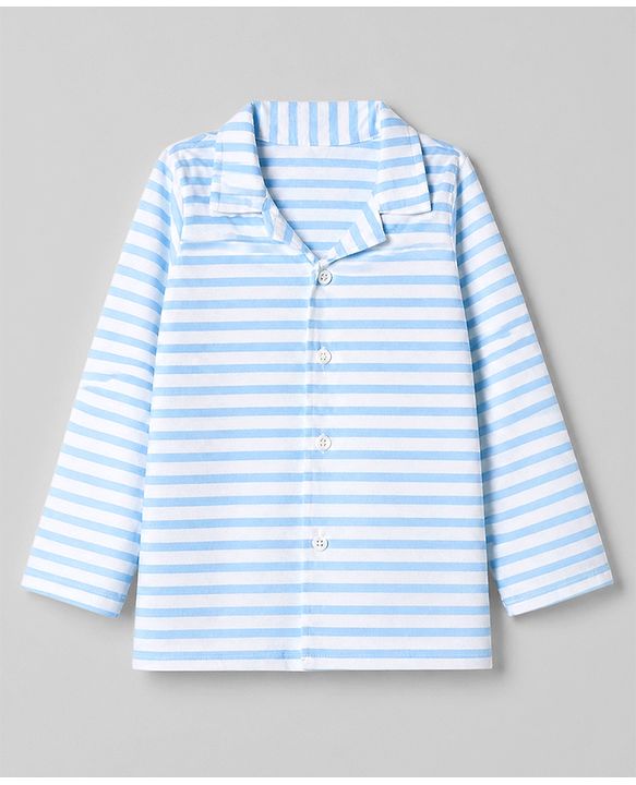 Babyhug 100% Cotton Knit Full Sleeves Striped Co-Ords Shirt & Pyjama Night Suit - Sky Blue