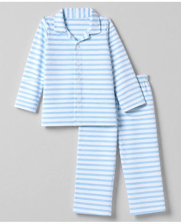 Babyhug 100% Cotton Knit Full Sleeves Striped Co-Ords Shirt & Pyjama Night Suit - Sky Blue