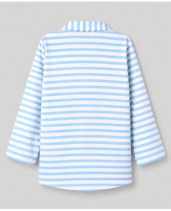 Babyhug 100% Cotton Knit Full Sleeves Striped Co-Ords Shirt & Pyjama Night Suit - Sky Blue