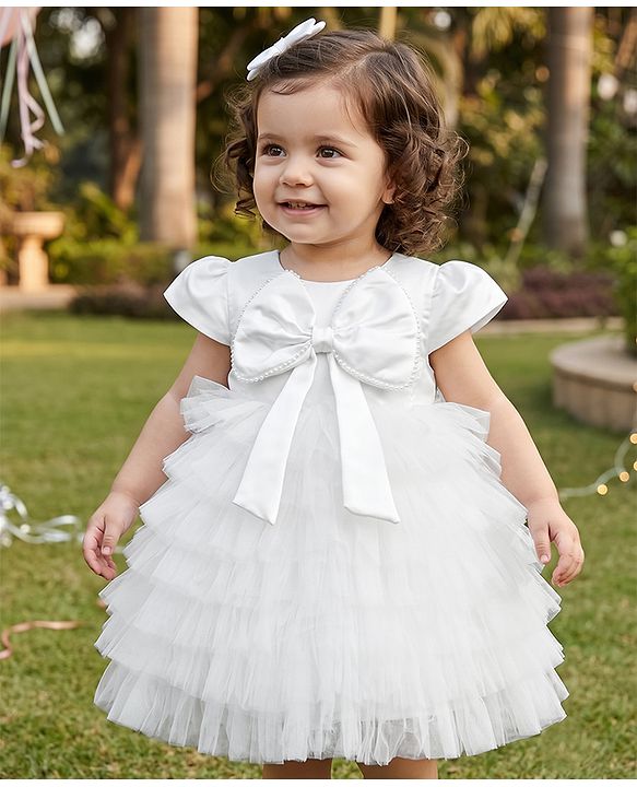 Babyhug Mesh Woven Sleeveless Fit and Flare Partywear Dress With Bow Applique - White