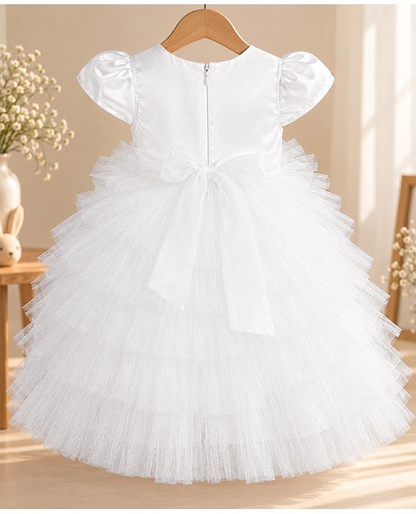 Babyhug Mesh Woven Sleeveless Fit and Flare Partywear Dress With Bow Applique - White