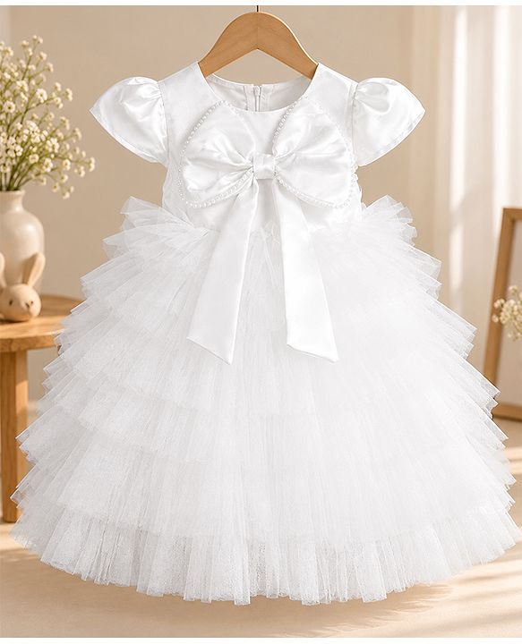 Babyhug Mesh Woven Sleeveless Fit and Flare Partywear Dress With Bow Applique - White