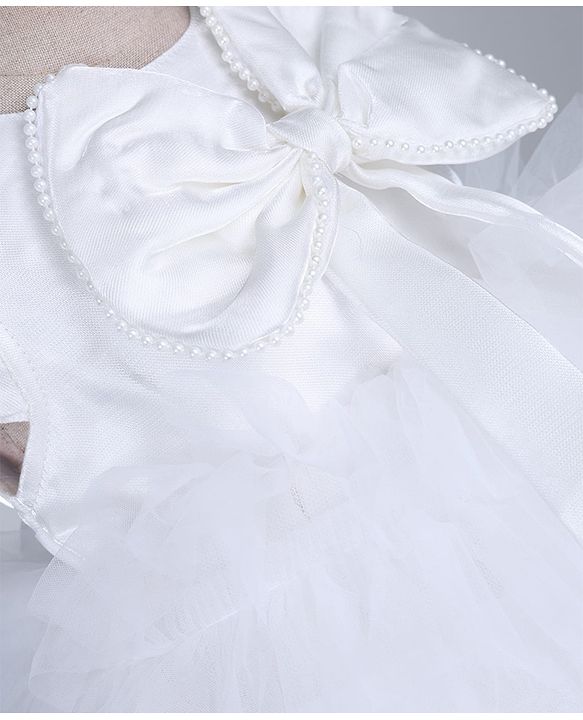 Babyhug Mesh Woven Sleeveless Fit and Flare Partywear Dress With Bow Applique - White