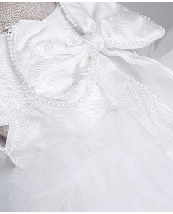 Babyhug Mesh Woven Sleeveless Fit and Flare Partywear Dress With Bow Applique - White