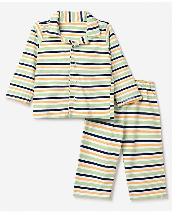 Babyhug 100% Cotton Knit Full Sleeves Co-Ords Striped Shirt & Pyjama Night Suit - Light Green