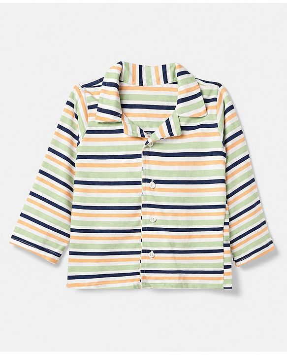 Babyhug 100% Cotton Knit Full Sleeves Co-Ords Striped Shirt & Pyjama Night Suit - Light Green