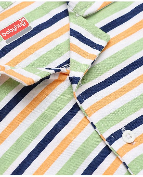 Babyhug 100% Cotton Knit Full Sleeves Co-Ords Striped Shirt & Pyjama Night Suit - Light Green