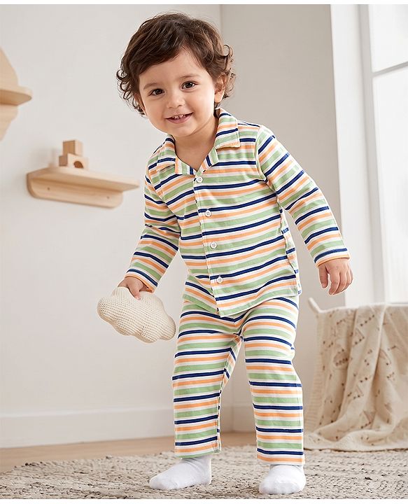 Babyhug 100% Cotton Knit Full Sleeves Co-Ords Striped Shirt & Pyjama Night Suit - Light Green