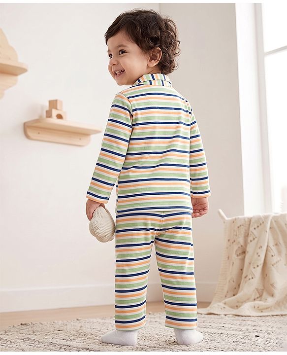 Babyhug 100% Cotton Knit Full Sleeves Co-Ords Striped Shirt & Pyjama Night Suit - Light Green