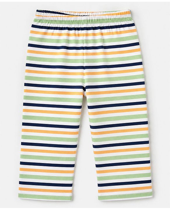 Babyhug 100% Cotton Knit Full Sleeves Co-Ords Striped Shirt & Pyjama Night Suit - Light Green