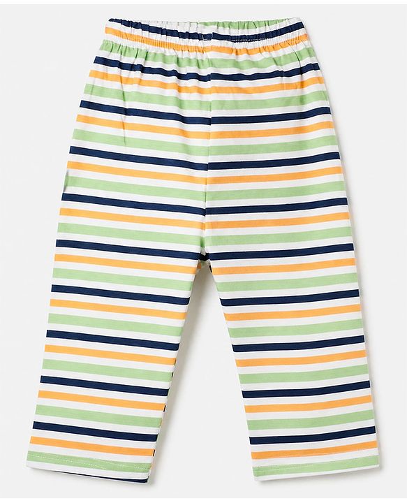 Babyhug 100% Cotton Knit Full Sleeves Co-Ords Striped Shirt & Pyjama Night Suit - Light Green