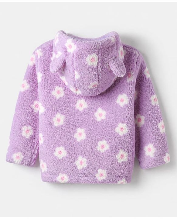 Babyhug Fur Woven Full Sleeves Co-ords Hooded Winter Wear Suits With Floral Print - Lavender