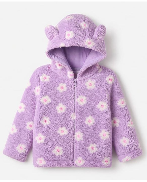 Babyhug Fur Woven Full Sleeves Co-ords Hooded Winter Wear Suits With Floral Print - Lavender
