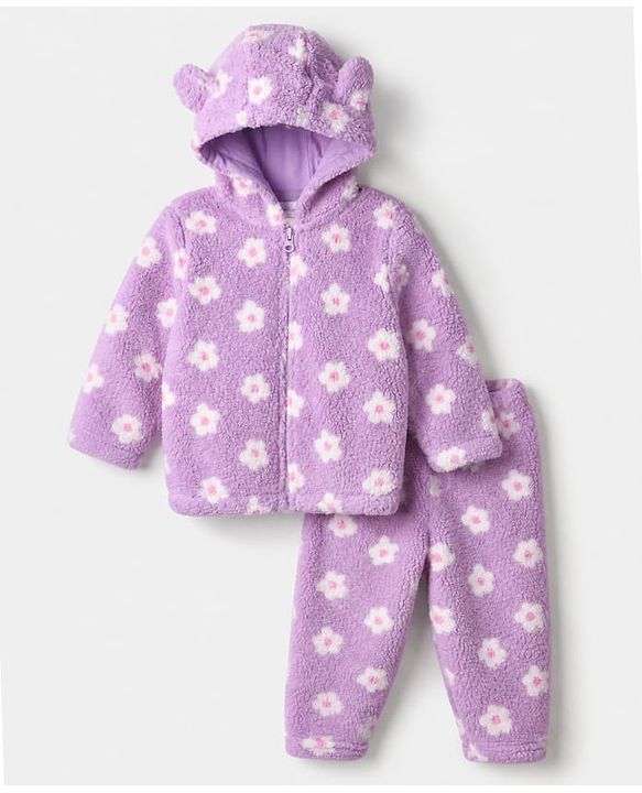 Babyhug Fur Woven Full Sleeves Co-ords Hooded Winter Wear Suits With Floral Print - Lavender