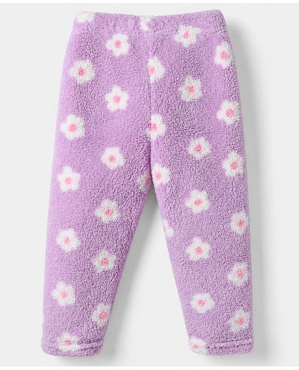Babyhug Fur Woven Full Sleeves Co-ords Hooded Winter Wear Suits With Floral Print - Lavender