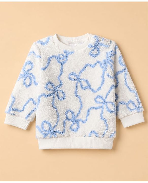 Babyhug Fur Woven Full Sleeves Winter Wear Suit With Bow Print - White