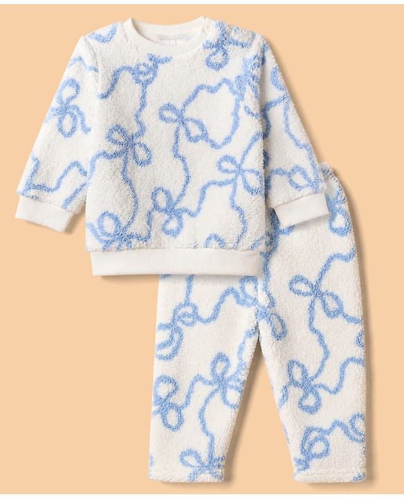 Babyhug Fur Woven Full Sleeves Winter Wear Suit With Bow Print - White