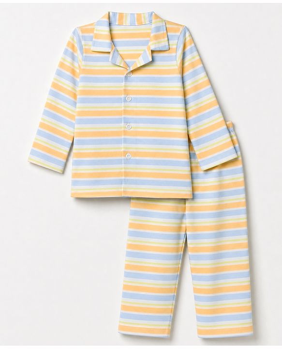 Babyhug 100% Cotton Knit Full Sleeves Front Open Striped Shirt & Pyjama Night Suit Co-Ords Set - Light Orange