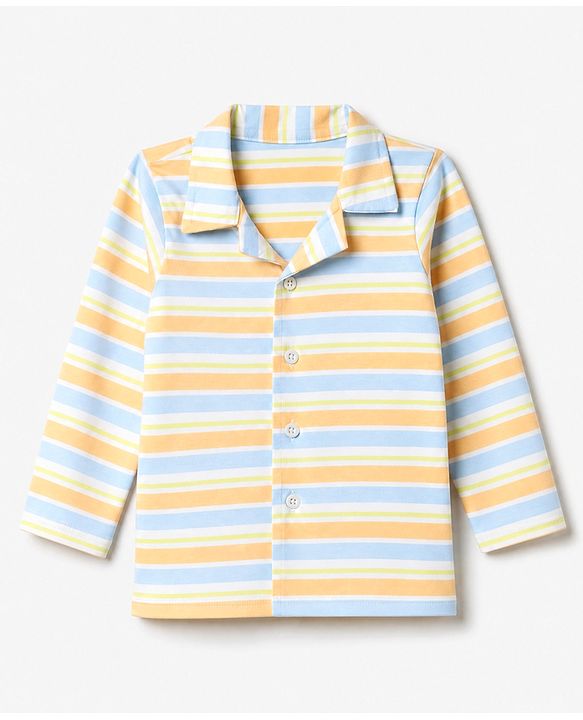 Babyhug 100% Cotton Knit Full Sleeves Front Open Striped Shirt & Pyjama Night Suit Co-Ords Set - Light Orange