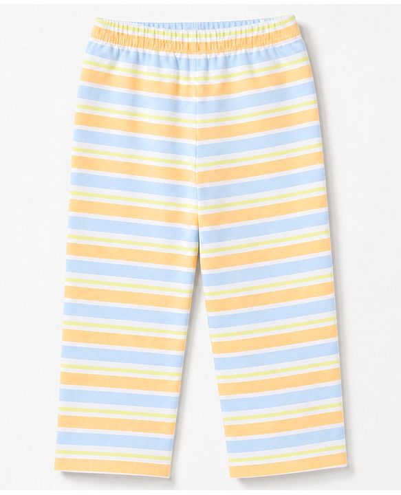 Babyhug 100% Cotton Knit Full Sleeves Front Open Striped Shirt & Pyjama Night Suit Co-Ords Set - Light Orange