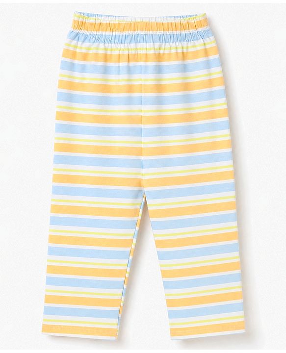 Babyhug 100% Cotton Knit Full Sleeves Front Open Striped Shirt & Pyjama Night Suit Co-Ords Set - Light Orange