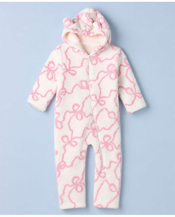 Babyhug Fur Woven Full Sleeves Hooded Winter Wear Romper With Bow Design - Pink