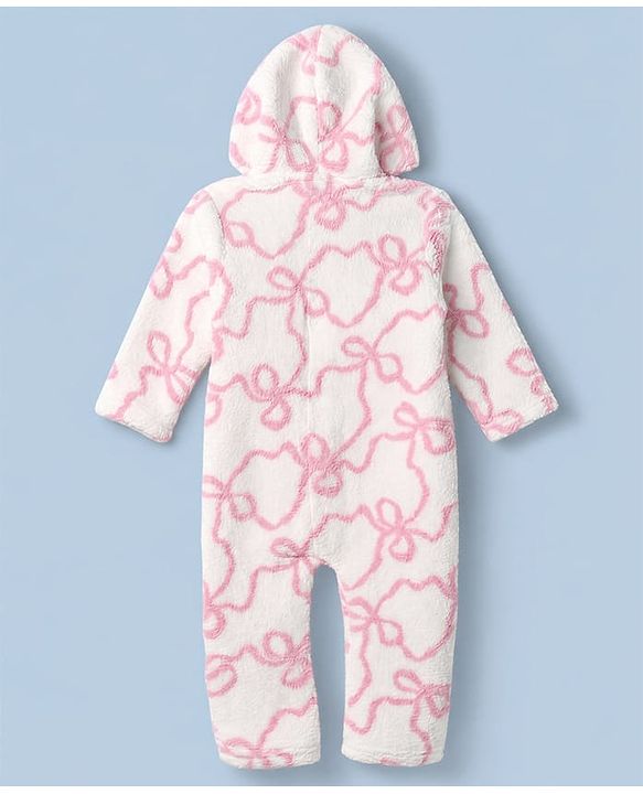Babyhug Fur Woven Full Sleeves Hooded Winter Wear Romper With Bow Design - Pink