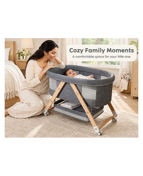 Babyhug Foldable Bassinet | Spacious & Comfortable Design| Breathable Mesh Sides for Ventellation | Sturdy & Stable Frame| Baby-Friendly Sleeping Space | Wheels with Lock - Grey