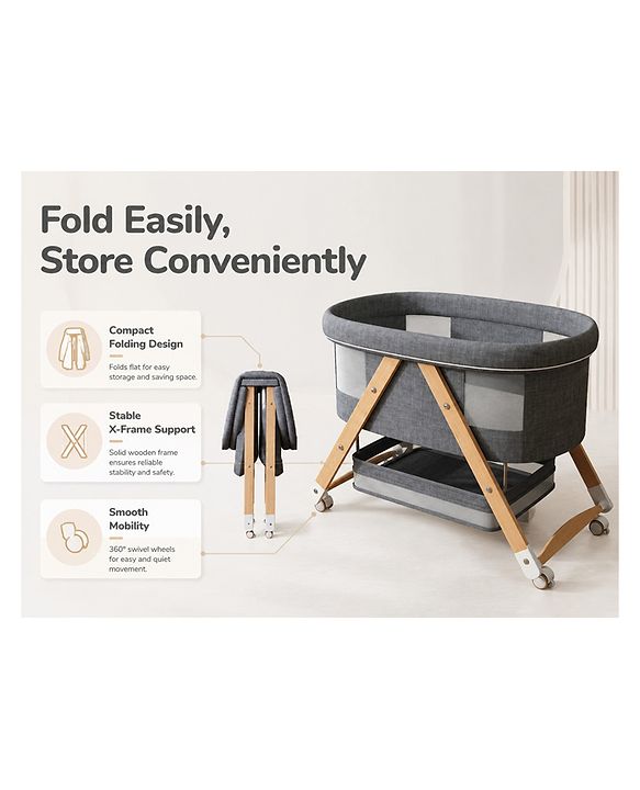 Babyhug Foldable Bassinet | Spacious & Comfortable Design| Breathable Mesh Sides for Ventellation | Sturdy & Stable Frame| Baby-Friendly Sleeping Space | Wheels with Lock - Grey