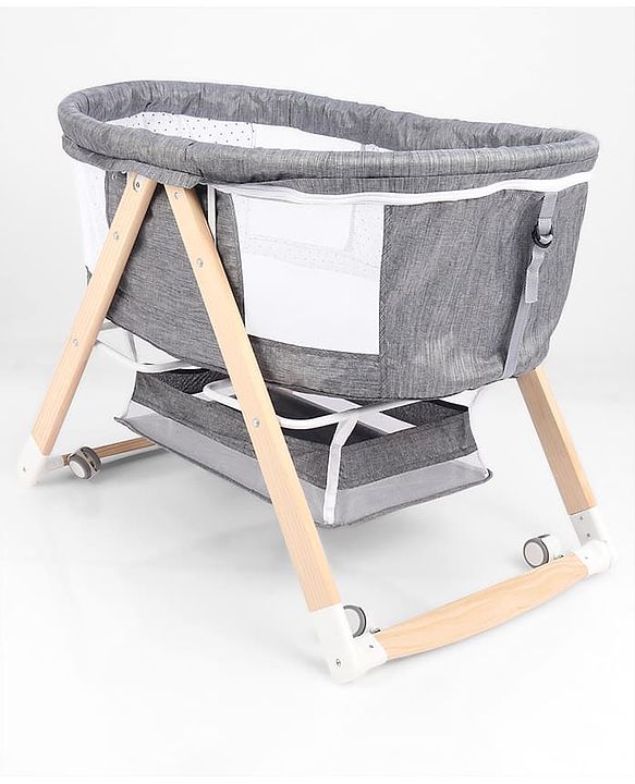 Babyhug Foldable Bassinet | Spacious & Comfortable Design| Breathable Mesh Sides for Ventellation | Sturdy & Stable Frame| Baby-Friendly Sleeping Space | Wheels with Lock - Grey