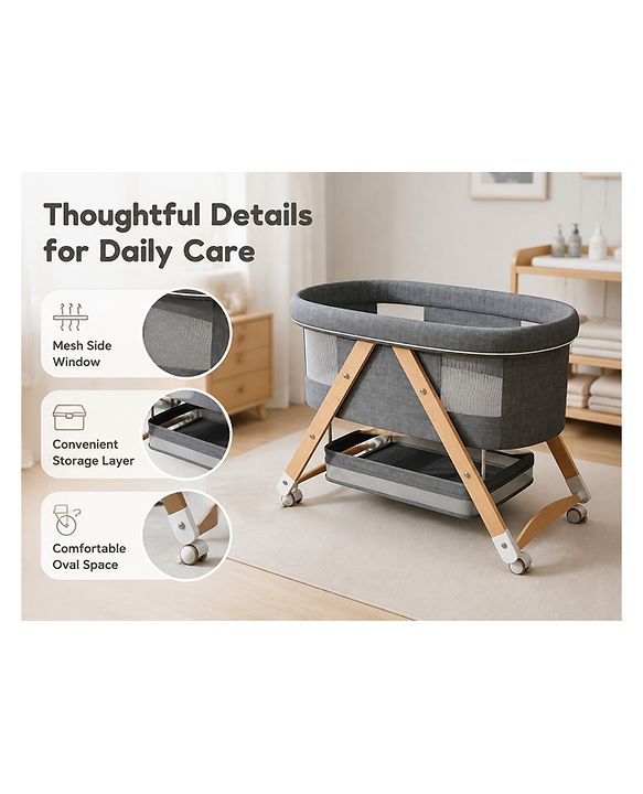 Babyhug Foldable Bassinet | Spacious & Comfortable Design| Breathable Mesh Sides for Ventellation | Sturdy & Stable Frame| Baby-Friendly Sleeping Space | Wheels with Lock - Grey