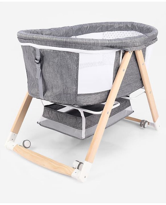 Babyhug Foldable Bassinet | Spacious & Comfortable Design| Breathable Mesh Sides for Ventellation | Sturdy & Stable Frame| Baby-Friendly Sleeping Space | Wheels with Lock - Grey